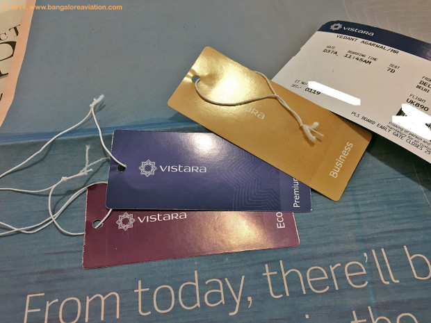 Inaugural flight of Vistara, Tata-SIA airline. Cabin luggage tags for the Business, Premium Economy, and Economy class.