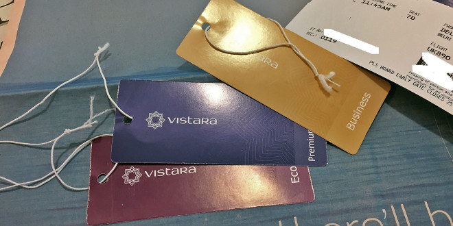 Inaugural flight of Vistara, Tata-SIA airline. Cabin luggage tags for the Business, Premium Economy, and Economy class.