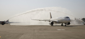 Vistara VT-TTB welcomed at Mumbai CSI airport with the traditional water cannon salute.