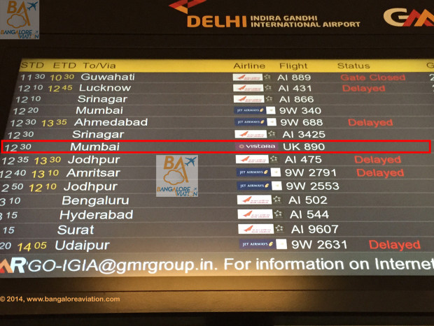 The flight information display board showing UK890, the inaugural flight of Vistara, Tata-SIA airlines.