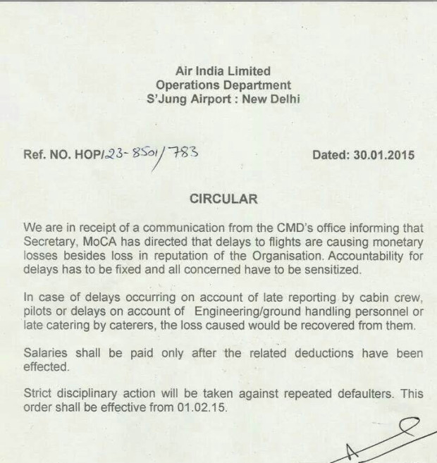 Air India Executive Director (Operations) Capt. A.K. Govil issued memo