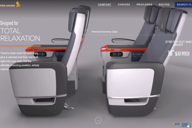 Singapore Airlines Premium Economy class 38 inch seat pitch