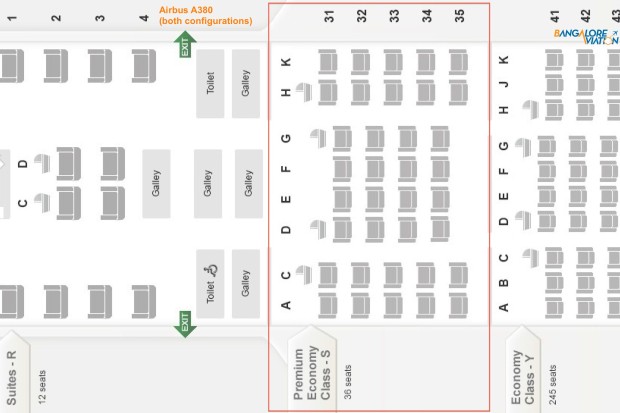 Singapore Airlines Premium Economy class on Airbus A380 seat map.