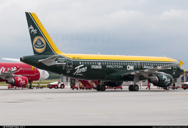 AirAsia A320 9M-AFY painted in Formula 1 Team Lotus livery. 2010. Bangalore Aviation photo.