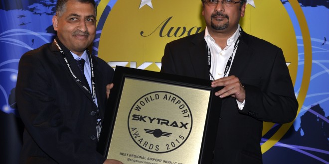 Bhaskar Bodapat and Hari Marar of BIAL with award at the SKYTRAX World Airports Awards 2015, Paris. BIAL image.