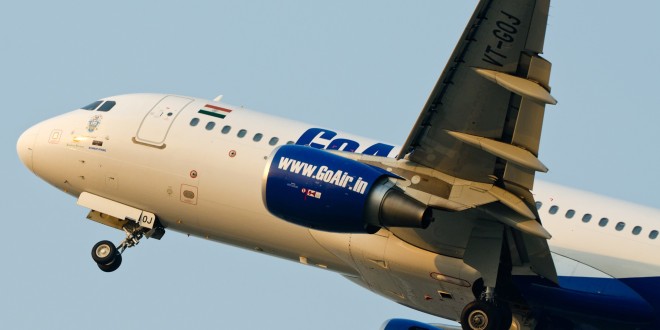 GoAir Airbus A320 VT-GOJ takes off from New Delhi. Photo by Devesh Agarwal.