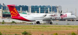 SpiceJet Bombardier Q400 Dash 8 VT-SUB lands at Kempegowda airport Bangalore. Photo by Vedant Agarwal. All rights reserved.