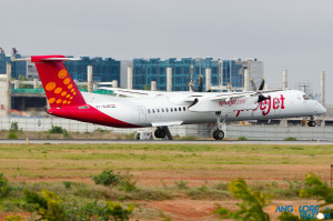 SpiceJet Bombardier Q400 Dash 8 VT-SUB lands at Kempegowda airport Bangalore. Photo by Vedant Agarwal. All rights reserved.