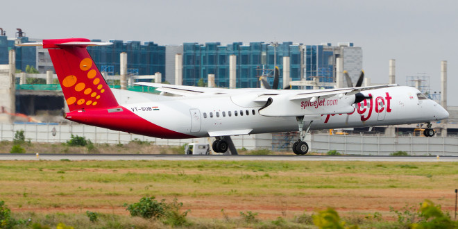 SpiceJet Bombardier Q400 Dash 8 VT-SUB lands at Kempegowda airport Bangalore. Photo by Vedant Agarwal. All rights reserved.