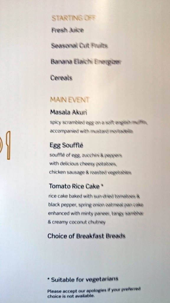 Vistara business class breakfast menu, main course.