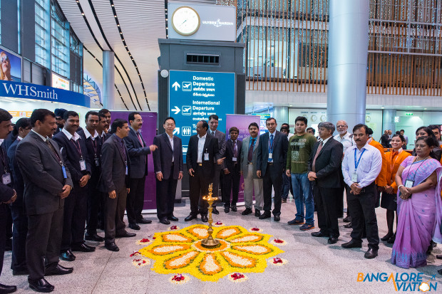 Vistara Hyderabad New Delhi inaugural flight. Lamp lighting ceremony with dignitaries.