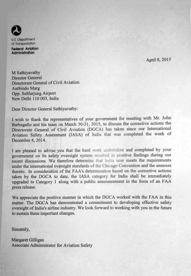 Letter from FAA to DGCA announcing upgrade to Category 1.