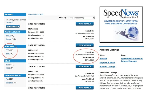 Advertisement offering Jet Airways' Boeing 777-300ER and Airbus A330-200 for sale on SpeedNews.com