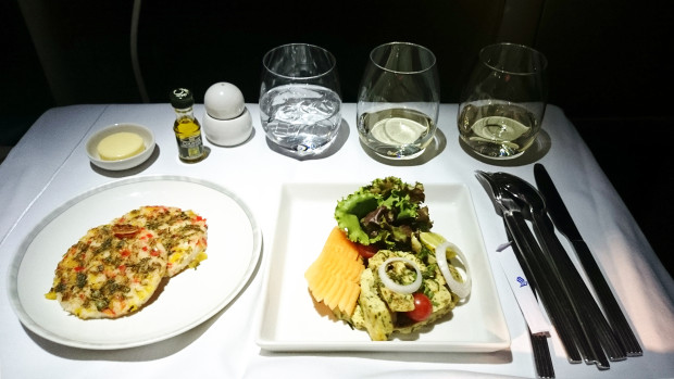 Singapore Airlines business class gluten free supper. Chicken pesto salad starter.