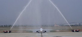 AirAsia India Airbus A320 VT-JRT, crossing the water cannon salute. AirAsia Image.