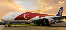 One of the two Airbus A380's painted into the special SG50 paint scheme.