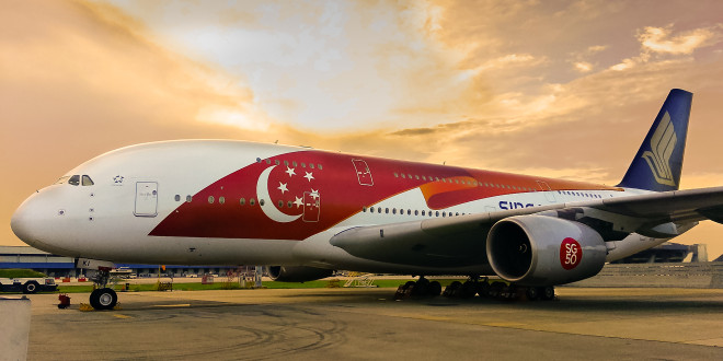 One of the two Airbus A380's painted into the special SG50 paint scheme.