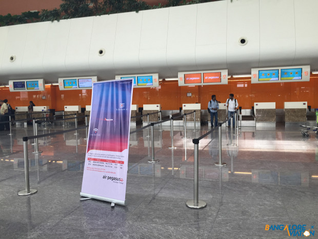 The Air Pegasus counters at Bangalore Airport.