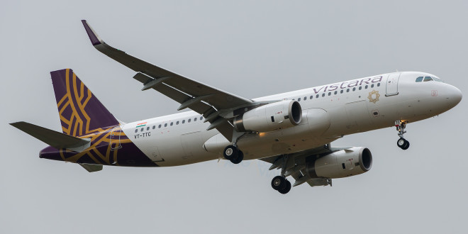 Vistara Airbus A320 VT-TTC arrives at Bengaluru performing the airline's inaugural flight UK889 from New Delhi.