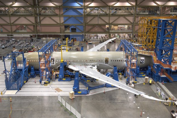 Boeing 787-8 Dreamliner in assembly. Boeing image.