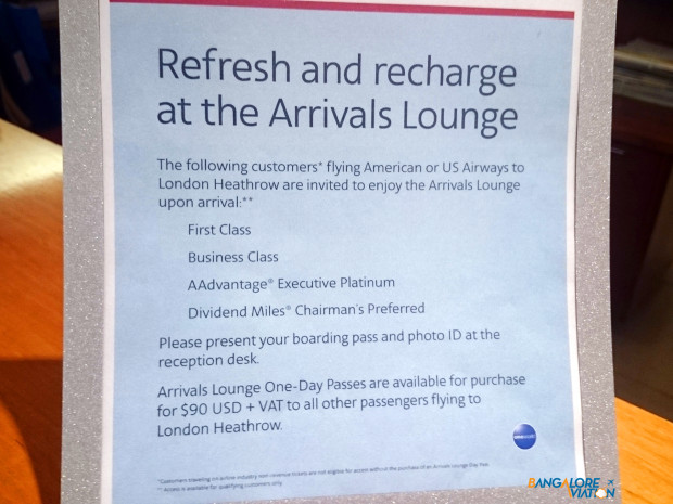 American Airlines Arrivals Lounge T3 London Heathrow. Free entry to First and Business Class and Top level Elites.