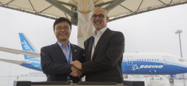 Boeing Japan President George Maffeo and Nagoya airport Nagoya, President and CEO Masanao Tomozoe, celebrate the donation of first 787-8 Dreamliner ZA001.