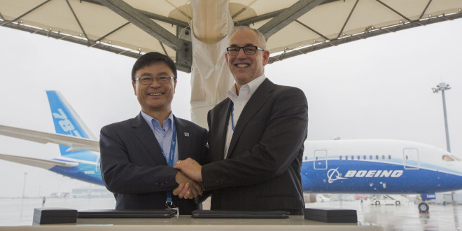 Boeing Japan President George Maffeo and Nagoya airport Nagoya, President and CEO Masanao Tomozoe, celebrate the donation of first 787-8 Dreamliner ZA001.