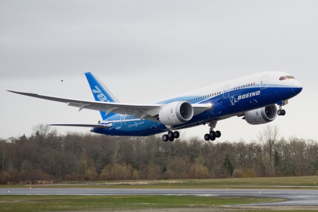 Boeing 787-8 Dreamliner ZA001 N787BA takes off on the first flight of a Dreamliner. Boeing image.