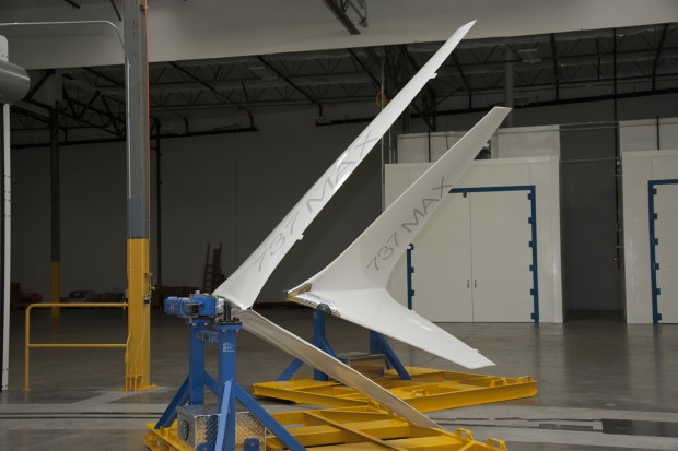 Pictured here is a close up of Boeing’s new Advanced Technology winglets. The winglet on the left is the first production AT winglet for airplane 1 and the winglet on the right is a test article.