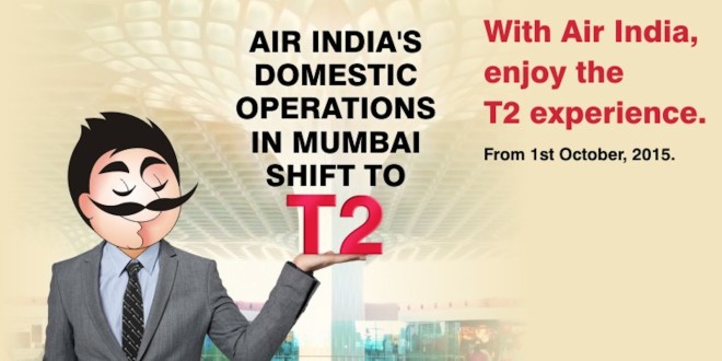 Air India's website banner announcing shift to T2 at Mumbai