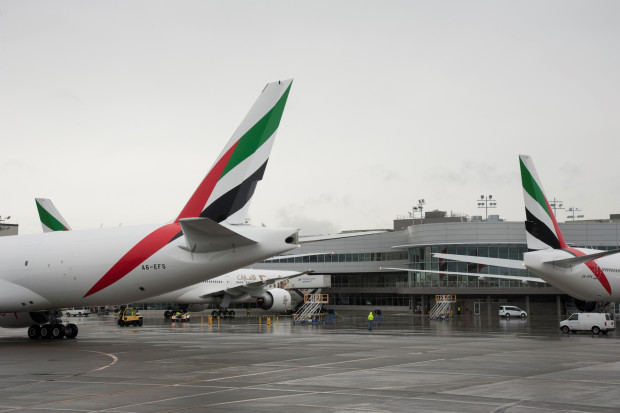 The three 777's for Emirates at the Boeing delivery center at Paine Field.