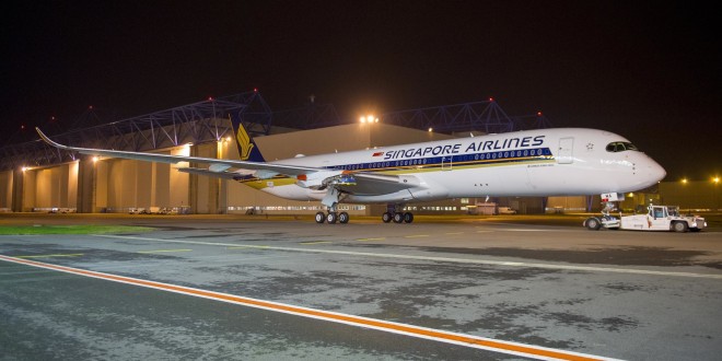 Singapore Airlines' first Airbus A350-900 exits Airbus paint shop. Airbus photo.
