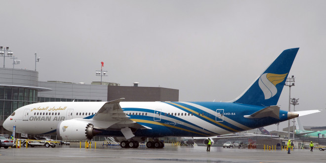 Oman Air's first Boeing 787-8 Dreamliner at the Everett delivery center. Boeing Image.