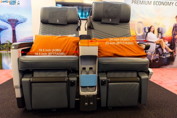 Singapore Airlines premium economy class seat is 24 inches wide, armrests included.