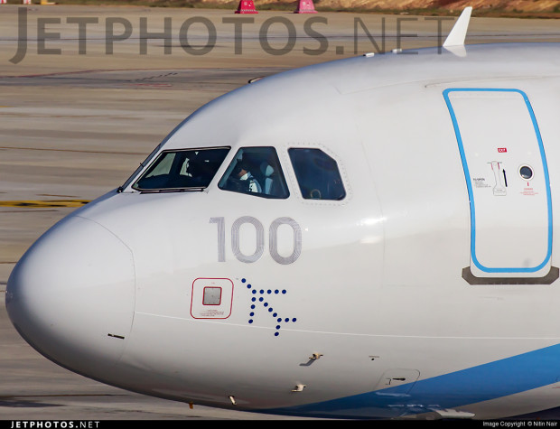 The 100th A320 delivered to IndiGo decal on the nose of VT-IAY. Photo copyright Nitin Nair, Aviation Photographers India Foundation