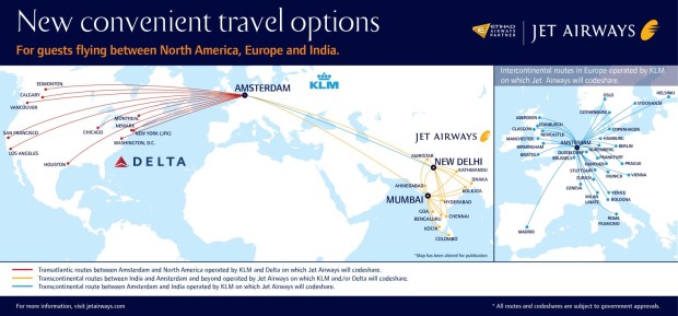 Jet Airways new flights via Amsterdam scissor hub and code-share with KLM and Delta