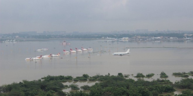 Chennai airport flooded. IAF helicopter view from west.