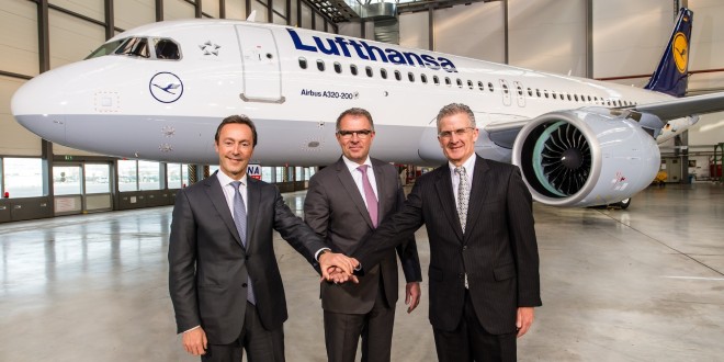 Fabrice Brégier, Airbus President and CEO, Carsten Spohr, Chairman of the Executive Board and CEO of Deutsche Lufthansa AG. Robert Leduc, Pratt & Whitney President