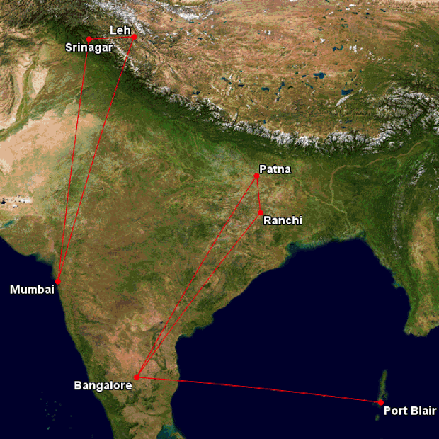 GoAir's new routes effective March 27, 2016. Map generated courtesy GCMap.com