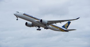 First flight of Singapore Airlines' first A350-900 9V-SMA. Airbus image.