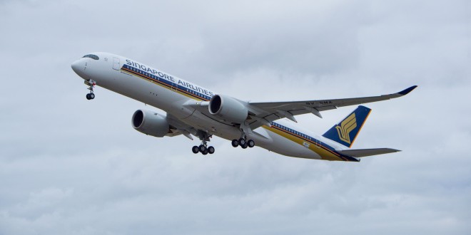 First flight of Singapore Airlines' first A350-900 9V-SMA. Airbus image.