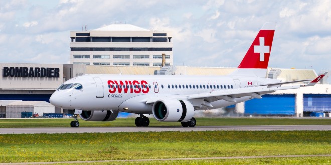 Bombardier CS100 in SWISS livery.