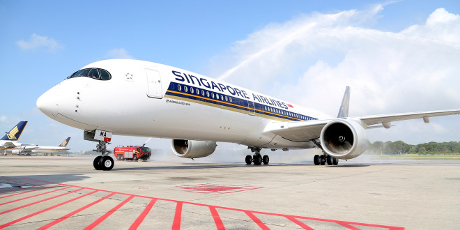 First A350 XWB of Singapore Airlines receives the traditional water cannon salute at Singapore Changi airport.
