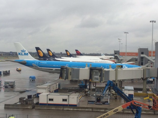 Three Jet Airways Aircraft standing at Schiphol, Amsterdam Airport on arrival from Mumbai, Delhi and Toronto