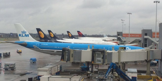 Three Jet Airways Aircraft standing at Schiphol, Amsterdam Airport on arrival from Mumbai, Delhi and Toronto