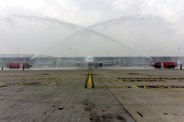 IndiGo first A320neo VT-ITC receives the traditional water cannon welcome from the IGI airport ARFF team