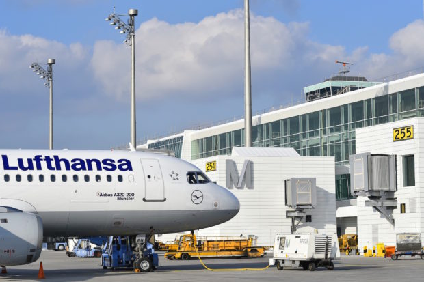 Line up of Lufthansa aircraft at the Terminal 2 satellite. Munich Airport Image.