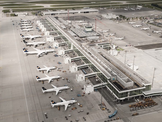 Line up of Lufthansa aircraft at the Terminal 2 satellite. Munich Airport Image.