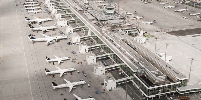 Line up of Lufthansa aircraft at the Terminal 2 satellite. Munich Airport Image.