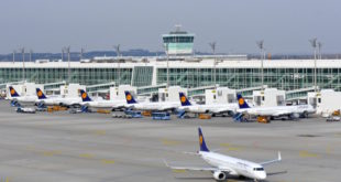 Line up of Lufthansa aircraft at the Terminal 2 satellite.